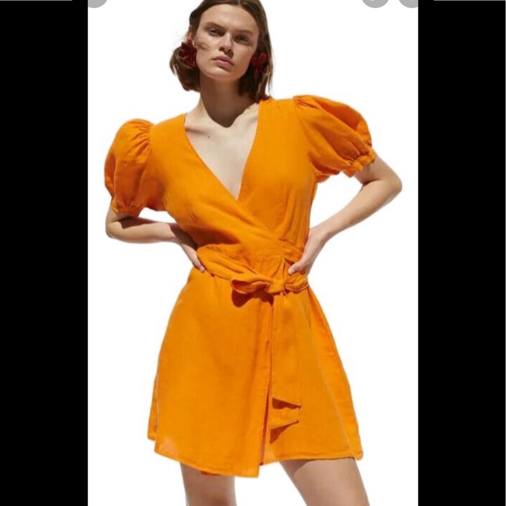 Zara orange linen dress with balloon sleeves, size M